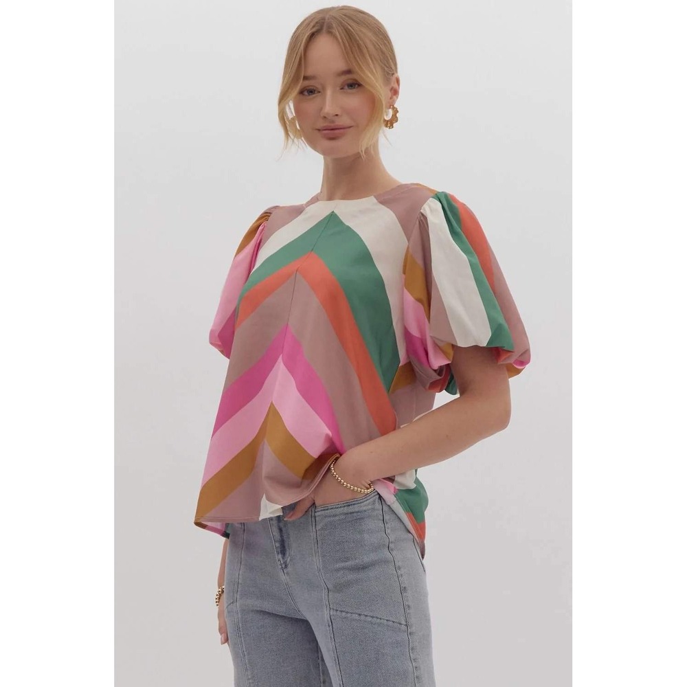 Entro Multi Color Chevron Stripe Puff Sleeve Blouse Top Pink Green Small